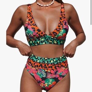 Hilinker Women's Leopard Bikini Swimsuits V Neck High Waisted 2 Piece Bathing